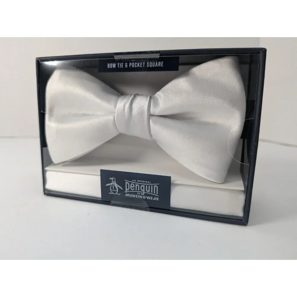 Original Penguin Bow Tie & Pocket Square‎ Set Choice of White or Plum / Eggplant